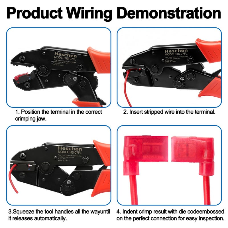 Heschen Ratchet Crimper Plier, HS-07FL, Flag Female Quick Disconnects Crimping Tools, Use for 1.5-2.5 mmÂ² (15-13 AWG), Red - Image 4